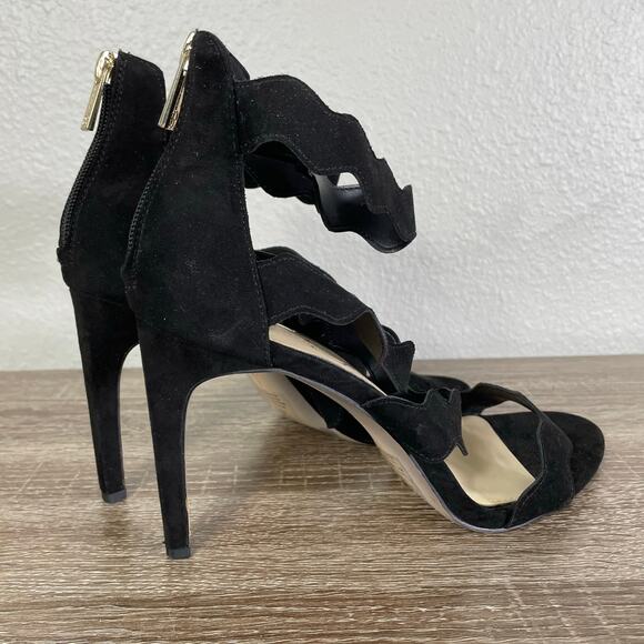 Jessica Simpson Black‎ Ruffle Heels 9.5M Zip Back Stiletto Sandals Leather Sole - Picture 6 of 9